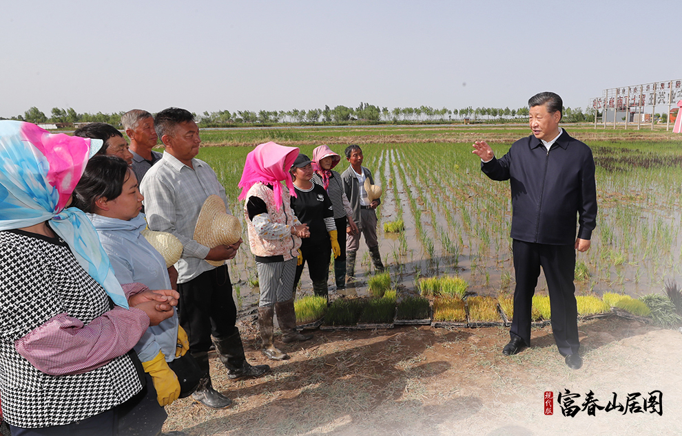 2020年6月9日，習近平在寧夏回族自治區(qū)銀川市賀蘭縣稻漁空間鄉(xiāng)村生態(tài)觀光園，同正在勞作的村民親切交談。