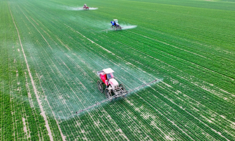 2024年2月18日，安徽省亳州市，利辛縣紀(jì)王場(chǎng)鄉(xiāng)孫老家村麥田，農(nóng)民駕駛自走式高桿噴霧機(jī)對(duì)小麥進(jìn)行噴藥作業(yè)。